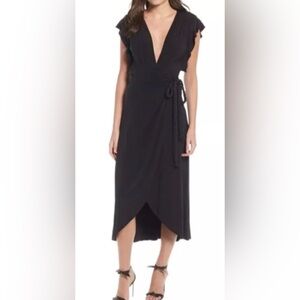 Misa Los Angeles Womens Irina Wrap Dress Large Black Slinky Ruffle Braided Rope